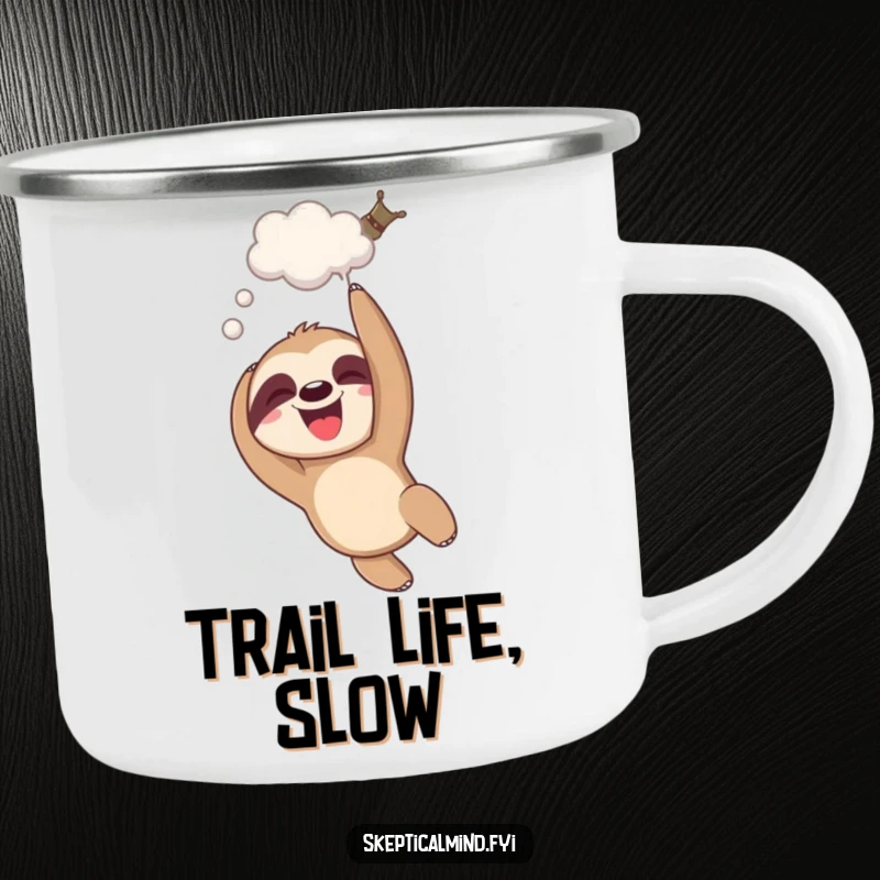 Funny giggling sloth camping mug with a sloth dangling upside down and a thought bubble, for relaxed explorers.