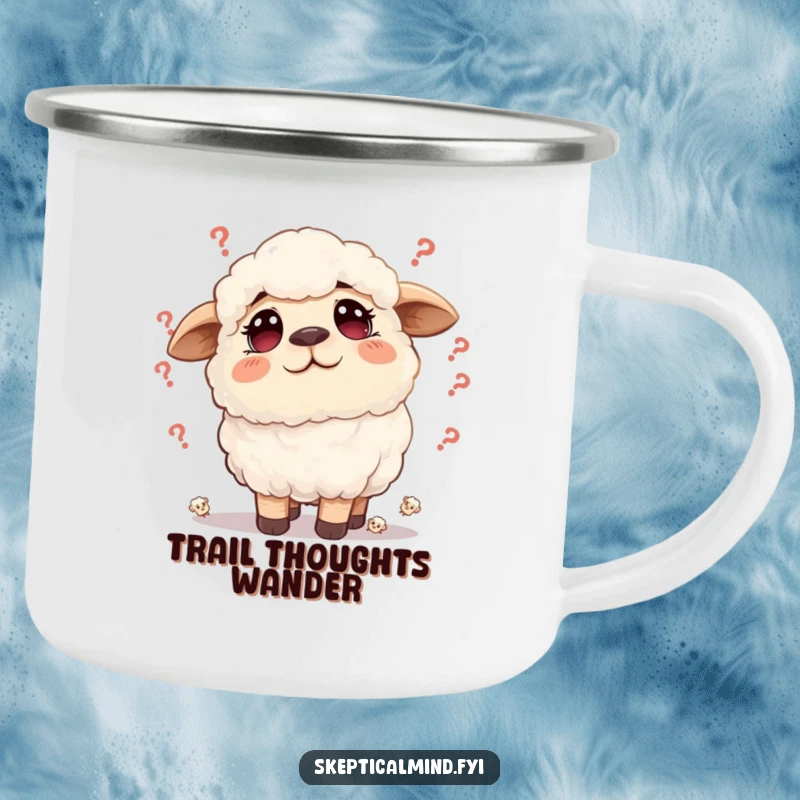 Funny sheep camping mug featuring a fluffy sheep with a furrowed brow surrounded by tiny doubts, perfect for outdoor contemplation.