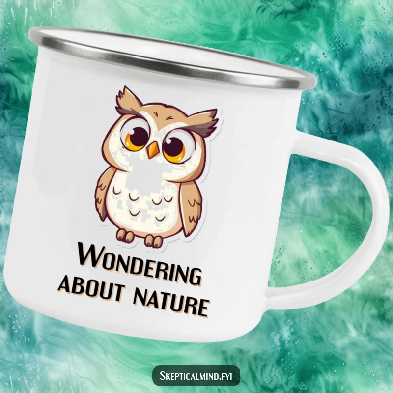 Funny Camping Mug: A curious owl with enormous eyes tilts its head, ready for outdoor brews with thoughtful humor.