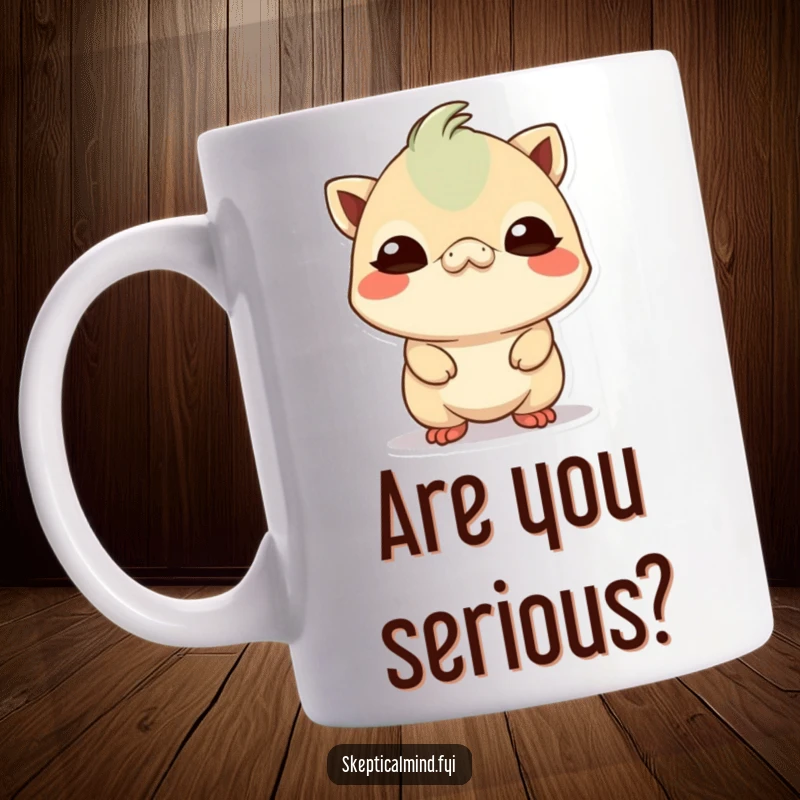 Funny small Kawaii creature tilting its head inquisitively with a comically skeptical expression, looking utterly unconvinced on a coffee mug.