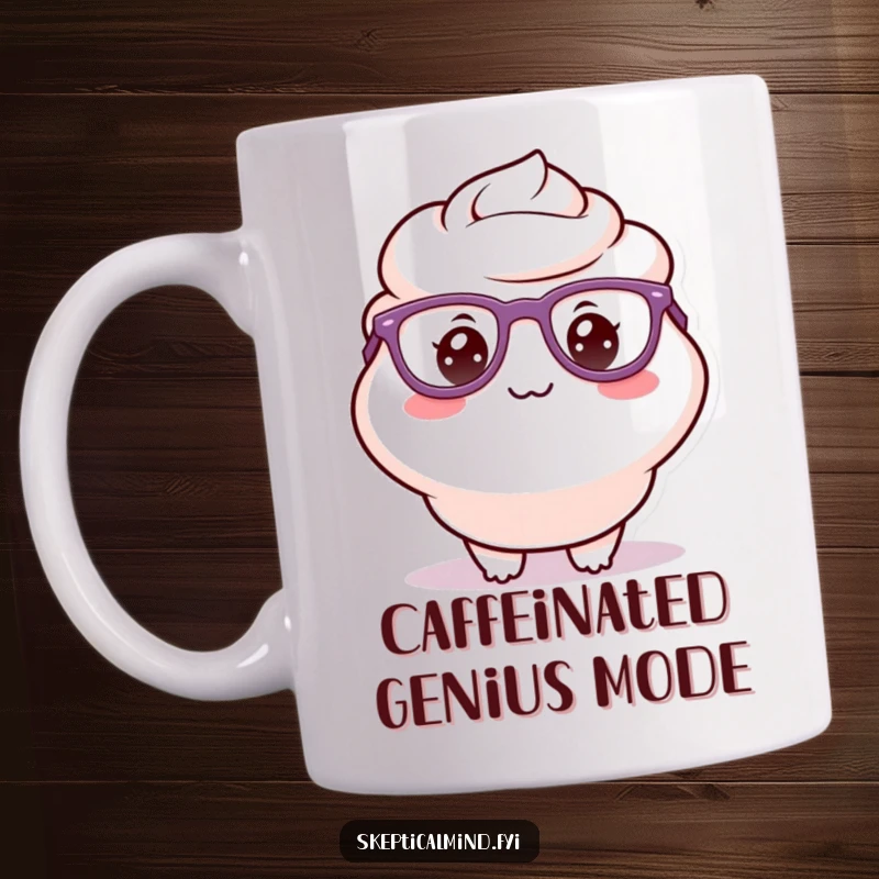 Funny mug featuring a delighted sour cream character wearing oversized glasses and a small, silly grin, embodying quirky intelligence.