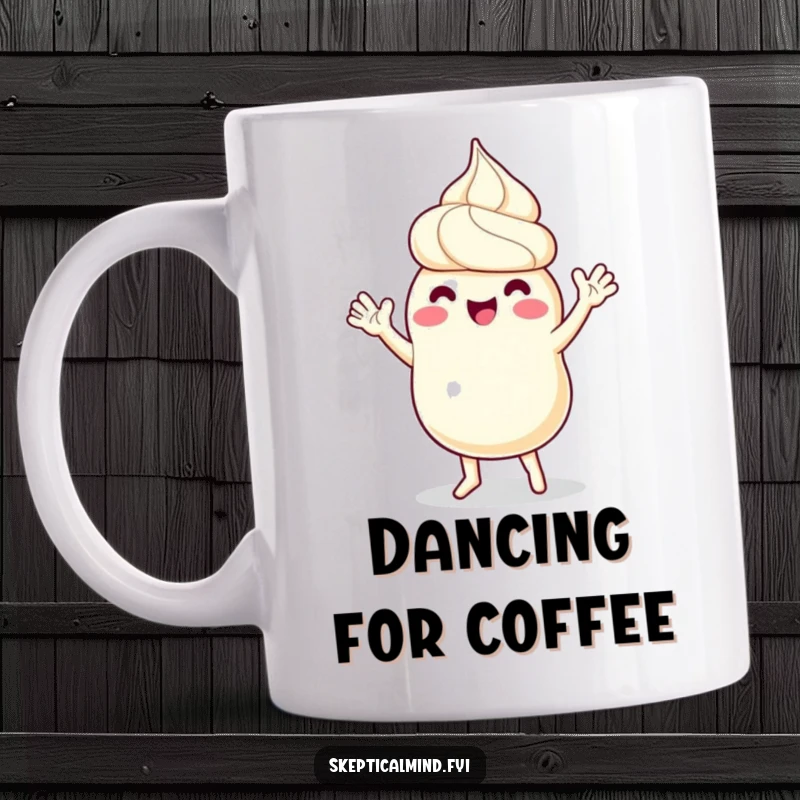 Funny mug shows a sour cream character joyfully dancing with its tiny arms waving enthusiastically, radiating pure happiness.