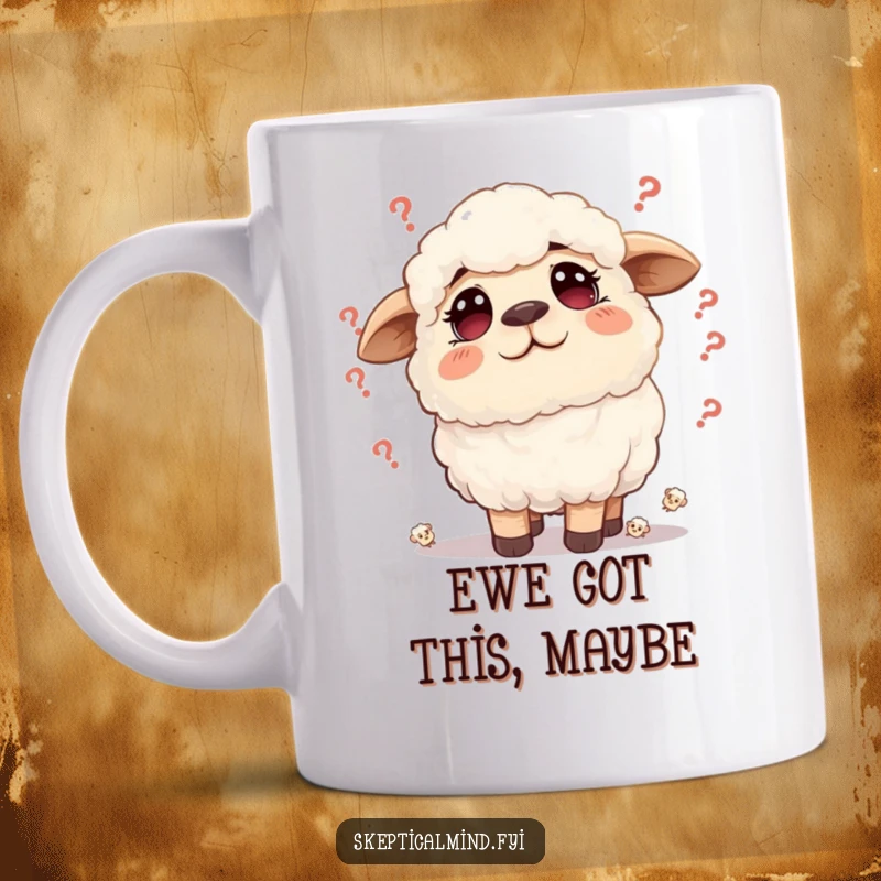Funny sheep mug featuring a fluffy sheep with a furrowed brow, surrounded by tiny doubts, looking relatable and humorous.
