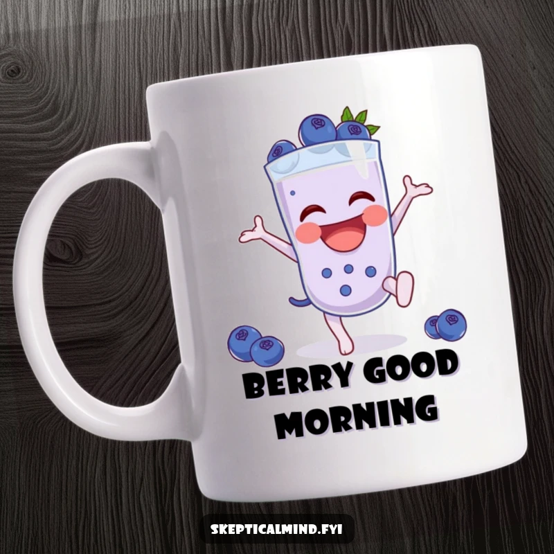 Funny Blueberry smoothie character joyfully doing a cartwheel, bringing a smile to this fun mug.