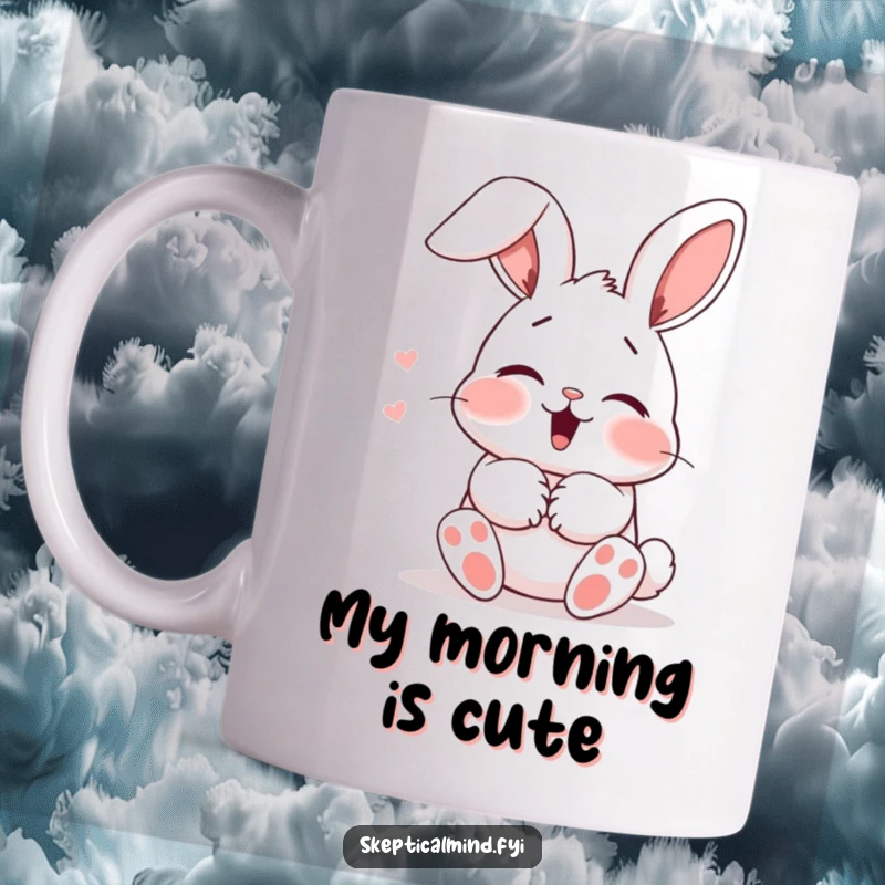 Funny Mug: A blushing bunny giggles bashfully behind its paws, ears flopped down in a cute, shy expression.