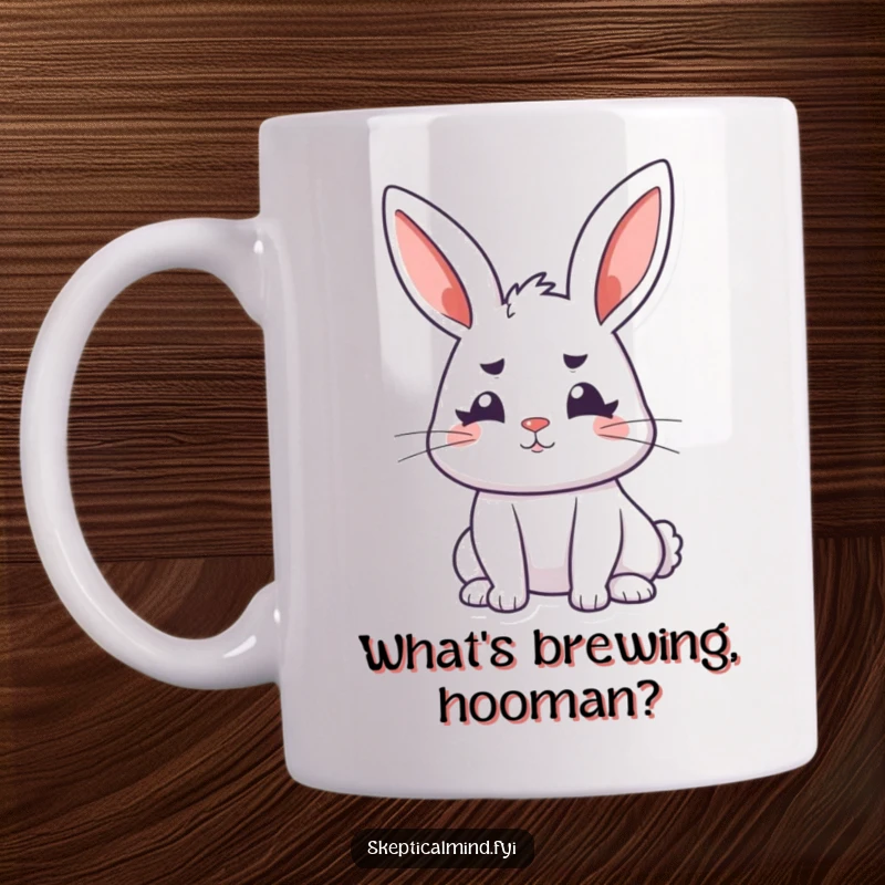 Funny bunny mug showing a perky rabbit with ears perked, head cocked, and furrowed brows, exuding curiosity.