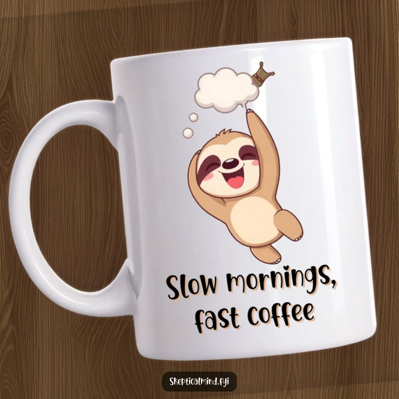 Funny giggling sloth mug dangling upside down with a thought bubble, embodying relaxed humor.