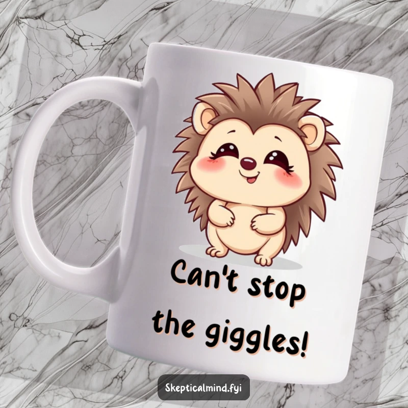 Funny hedgehog mug with a giggling character looking up with a playful glint, perfect for tea or coffee lovers.