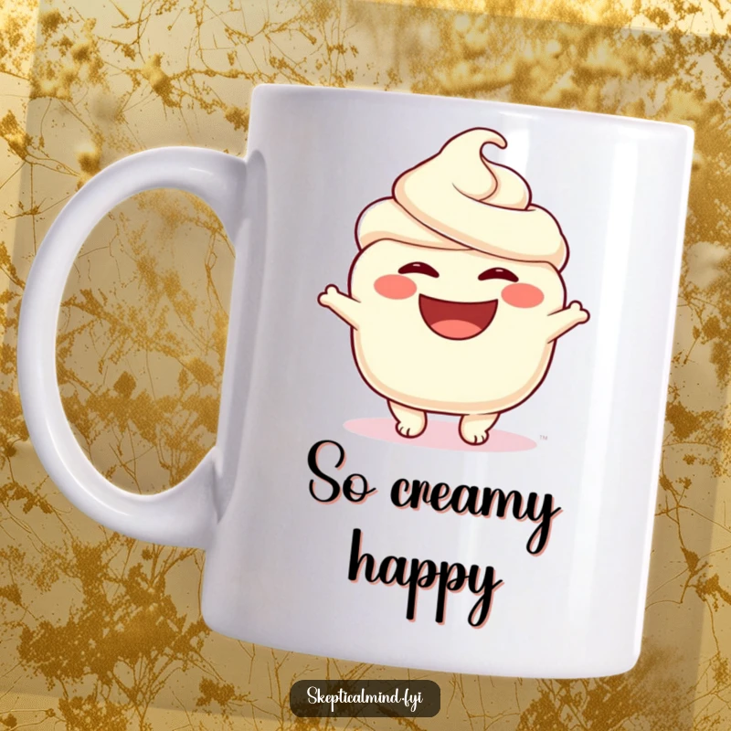 Funny mug illustration of a plump, happy sour cream character beaming with a wide, infectious smile, radiating pure joy and creaminess.