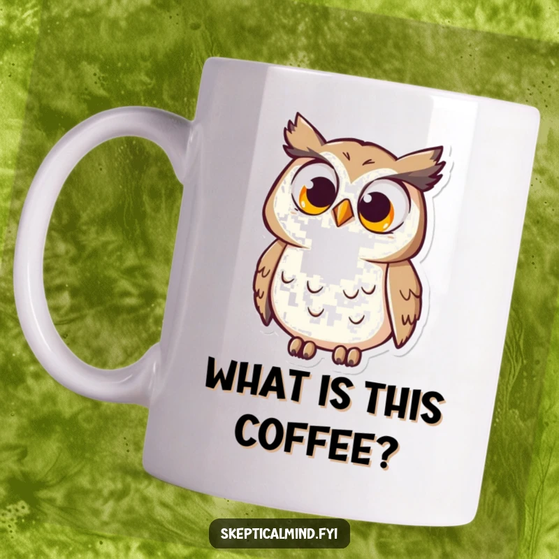 Funny Mug: A curious owl with enormous, wide eyes tilts its head, looking quizzically at the viewer, radiating gentle humor.