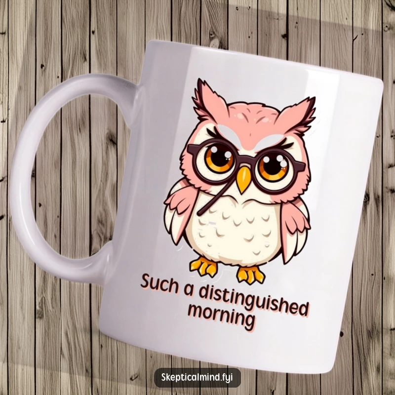 Funny Owl Mug: A cute owl with a monocle humorously raises one eyebrow, conveying a sense of witty skepticism.