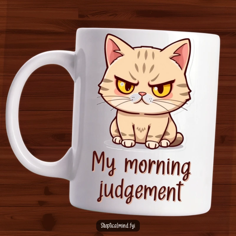 Funny Sassy Cat Mug featuring a cat with one eyebrow raised, looking unimpressed yet amused, embodying classic feline judgment.