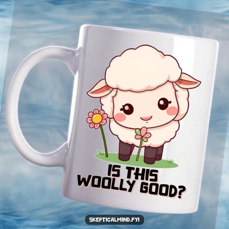 Funny sheep mug with a quizzical expression curiously sniffing a bright flower.