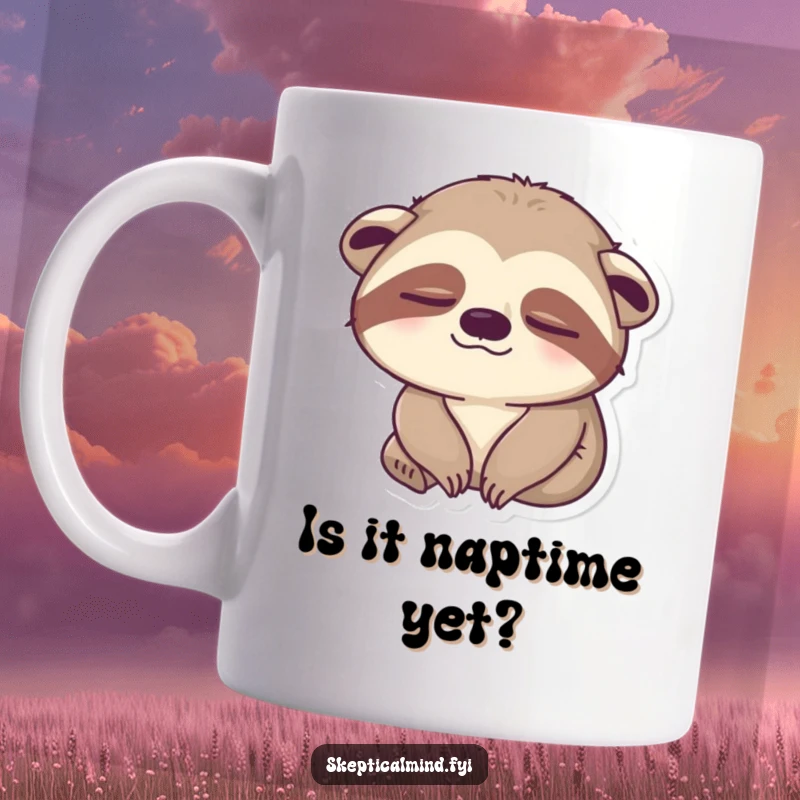 Funny sloth mug depicting a sleepy sloth slowly blinking one eye, its expression conveying unimpressed humor and a desire for more sleep.