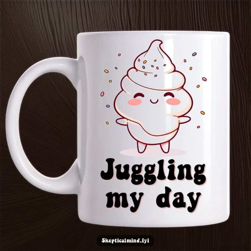Funny mug showing a smiling sour cream dollop character expertly juggling tiny colorful sprinkles, symbolizing playful sweetness.