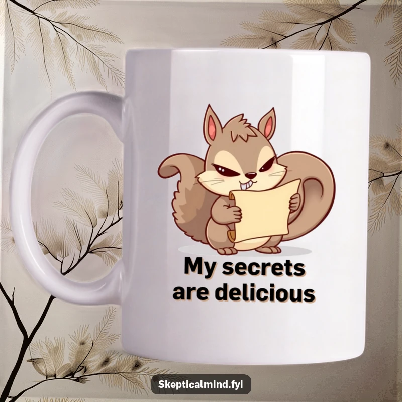 Funny squirrel mug featuring a mischievous squirrel slyly grinning and holding a tiny scroll of secrets, ready to share a laugh.