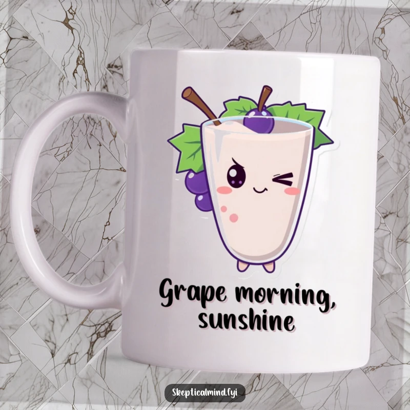 Funny winking grape smoothie character giving a mischievous wink, adding personality to this mug.