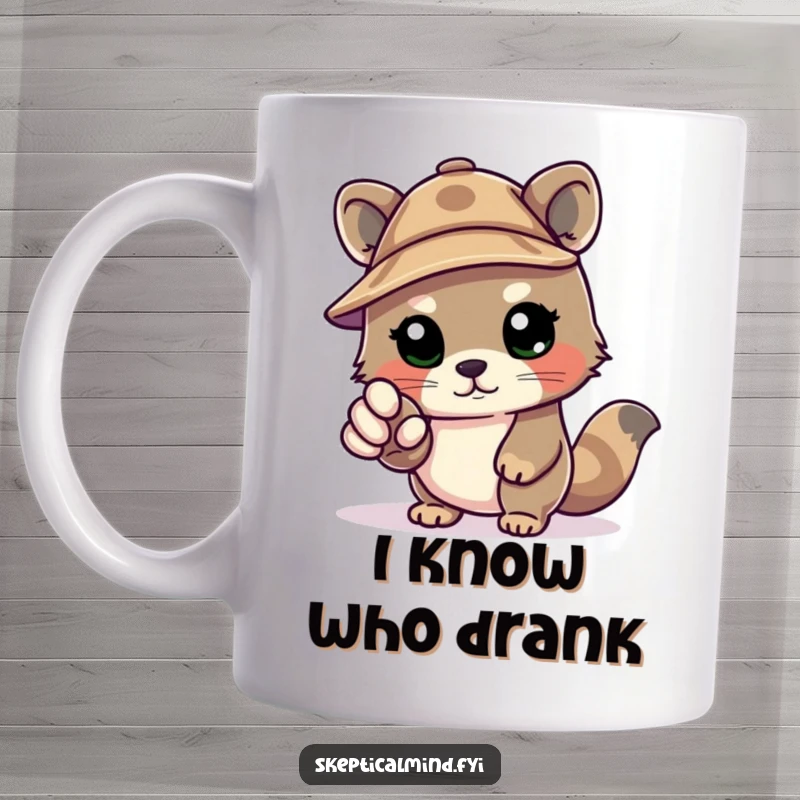 Funny Kawaii animal wearing a tiny deerstalker hat, pointing an accusatory paw forward with a determined yet cute expression on a mug.