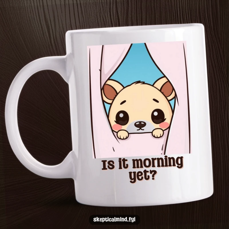 Funny mug featuring a cute kawaii animal cautiously peeking from behind a curtain, expressing wide-eyed doubt and relatable uncertainty for a humorous gift.