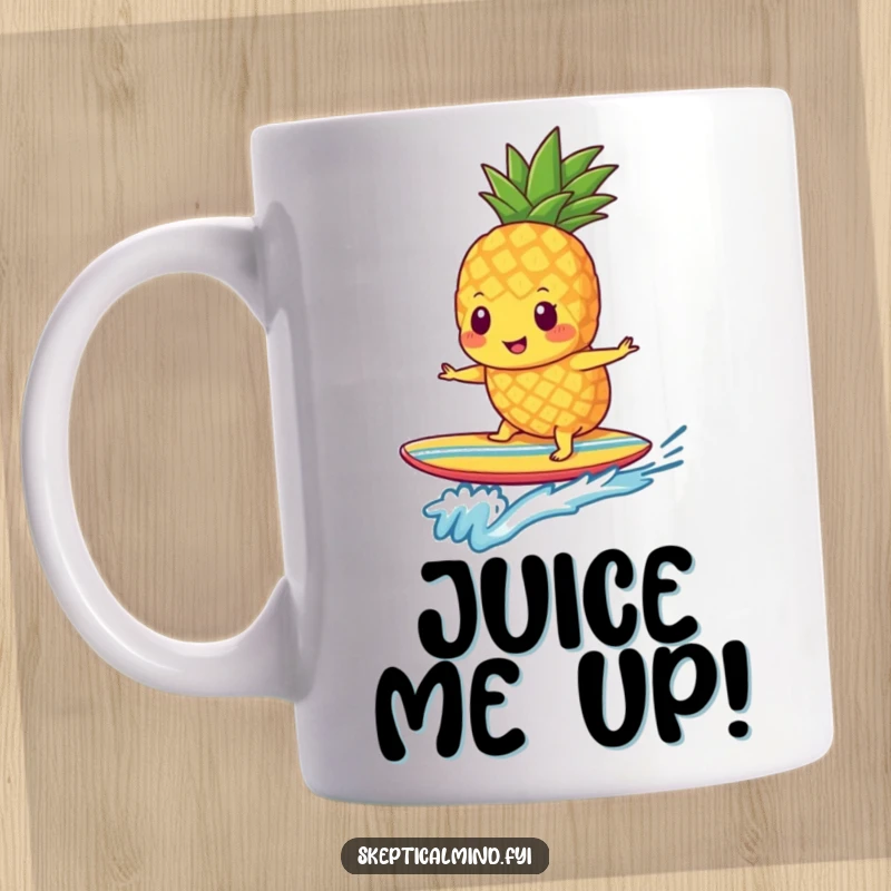 Funny pineapple smoothie character joyfully surfing on a small surfboard, bringing tropical fun to this mug.