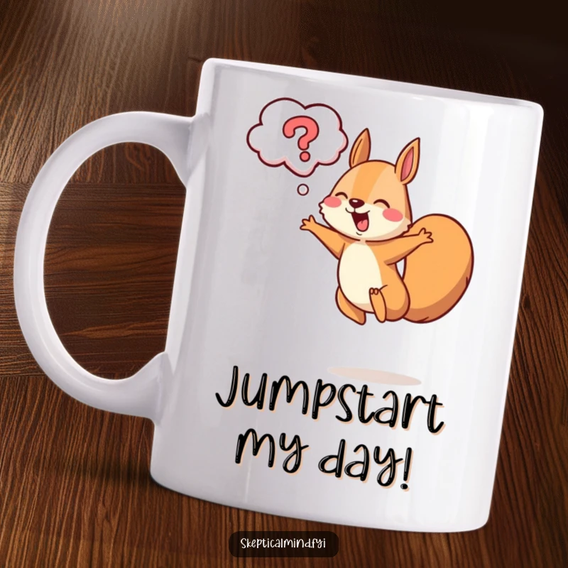 Funny squirrel mug showing a cheerful squirrel leaping with a question mark cloud above, full of energy.