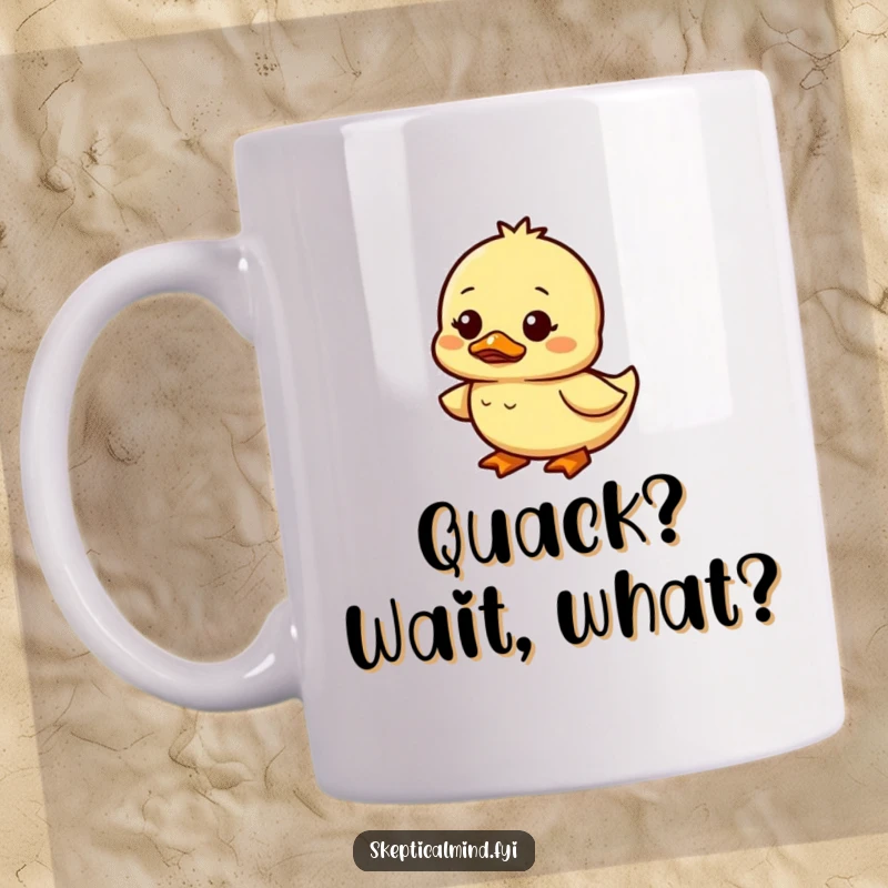Funny duckling mug showing a small duckling waddling with a confused and amused look, perfect for bird lovers.