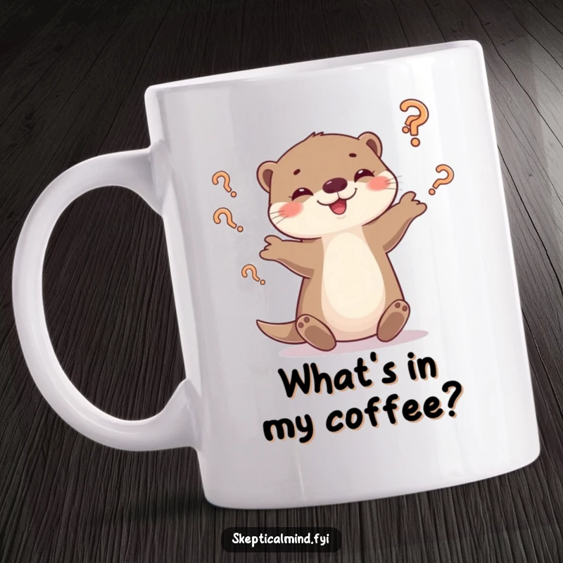 Funny otter mug showing a playful otter juggling tumbling question marks with a smirk, embodying playful confusion.
