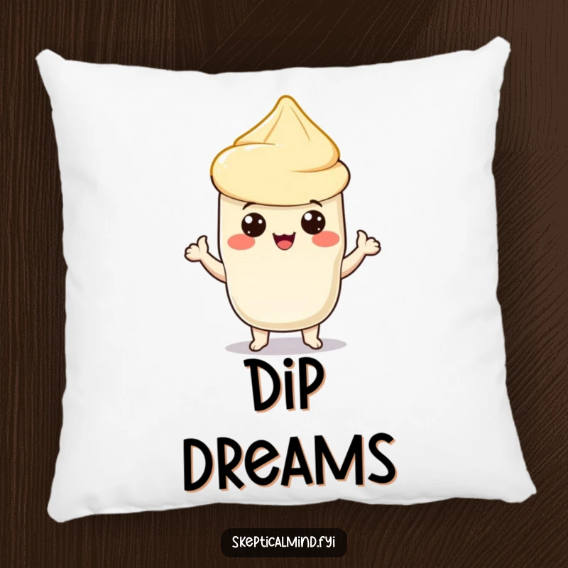 Funny pillow featuring a proud sour cream character presenting a chip, offering comfort and a humorous touch to any seating area.
