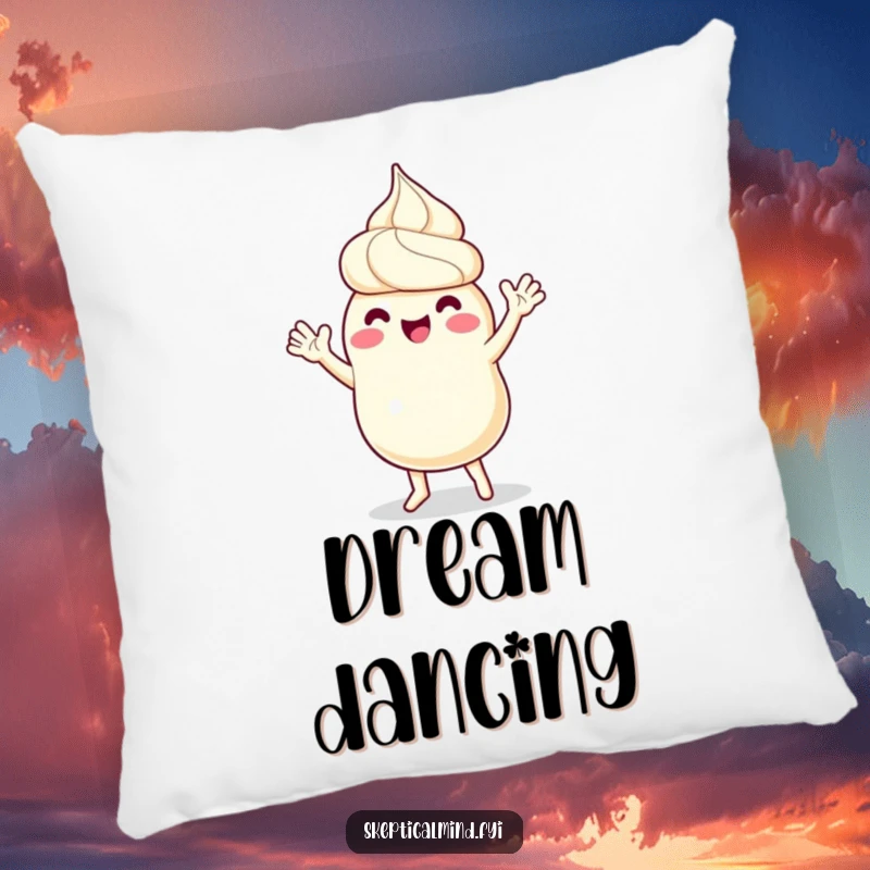 Funny decorative pillow showing a sour cream character in a happy dance, with tiny arms waving joyfully, perfect for adding playful comfort.