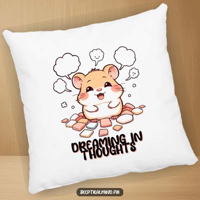 Funny pillow featuring a giggling hamster nestled among scattered thought bubbles, symbolizing a dreamy mind.