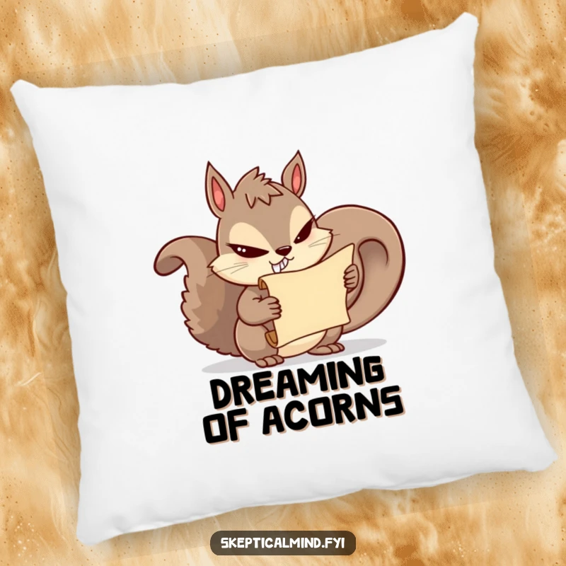 Funny squirrel pillow with a mischievous squirrel holding a secret scroll, offering comfort and a touch of sly humor.