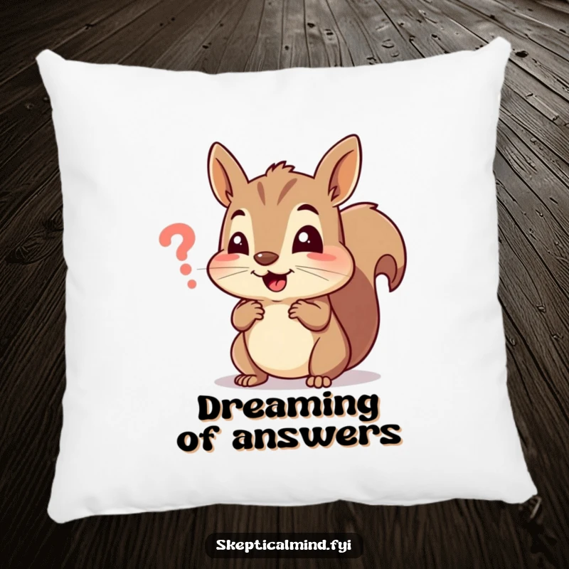 Funny pillow with a cheerful squirrel squinting at a tiny, indecipherable symbol, offering humorous comfort and decor.