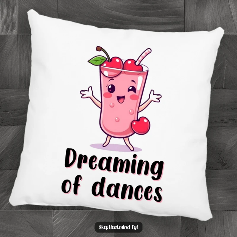 Funny Cherry smoothie character doing a playful dance, depicted on a comfortable and funny pillow.