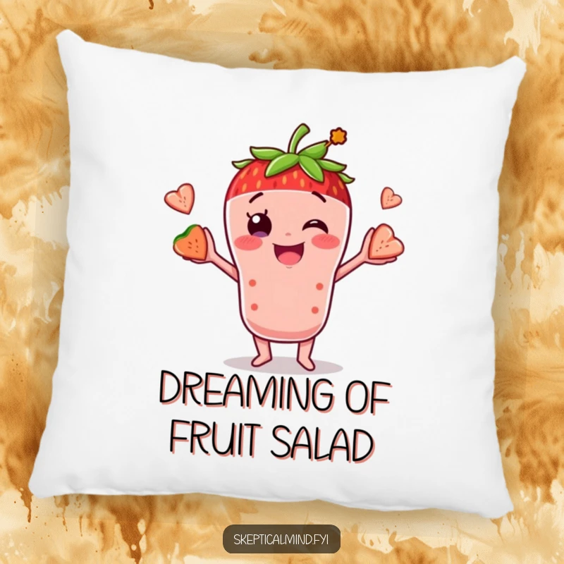 Funny decorative pillow with a smiling smoothie character juggling fruit, offering comfort and a humorous, vibrant touch.