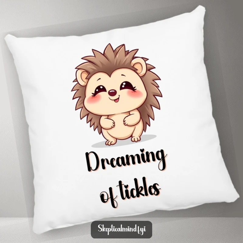 Funny hedgehog pillow with a giggling character looking up with a playful glint, perfect for cozying up.