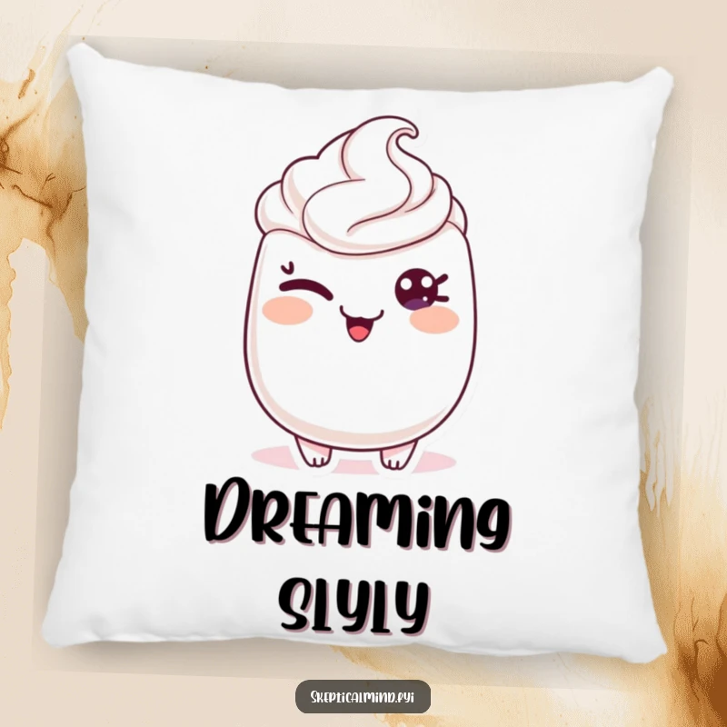 Funny decorative pillow showing a sour cream character giving a sly wink, with a mischievous sparkle, perfect for adding playful comfort.