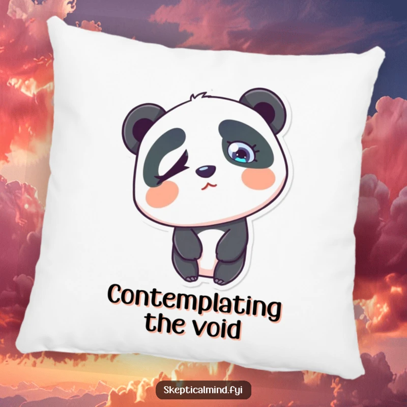 Funny confused panda pillow with a panda tilting its head, one eyebrow raised in a cute, puzzled expression.