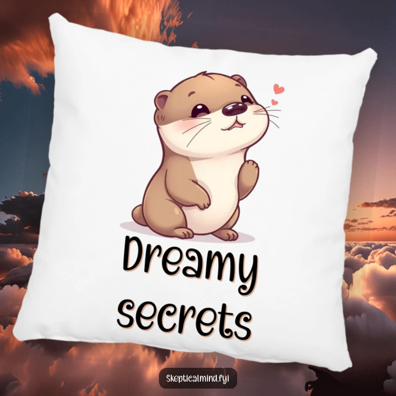 Funny pillow showing a giggling otter with its head tilted, listening intently to a faint whisper, radiating pure happiness.