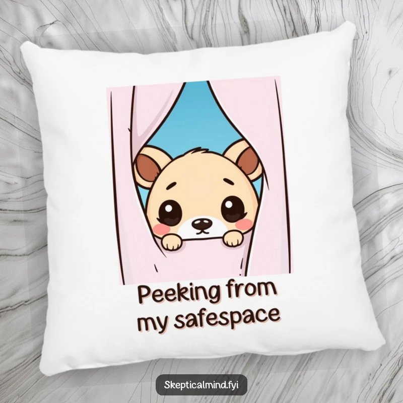 Funny pillow with a kawaii animal peeking from behind a curtain, its adorable, wide eyes conveying doubt, perfect for humorous, cozy decor.