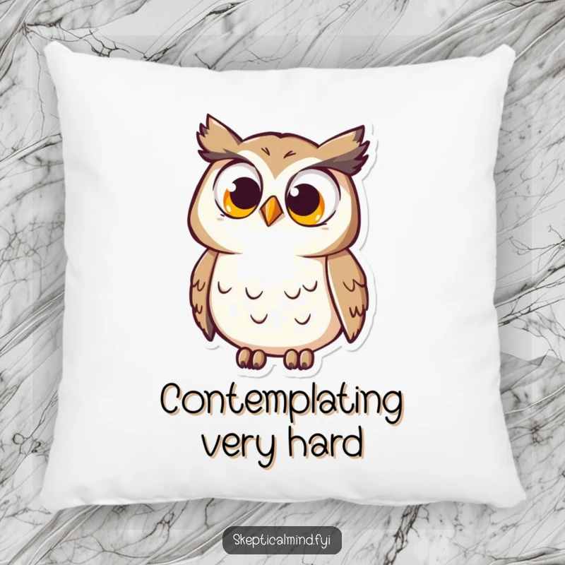 Funny Pillow: A curious owl with large, questioning eyes tilts its head, offering plush comfort and thoughtful humor.