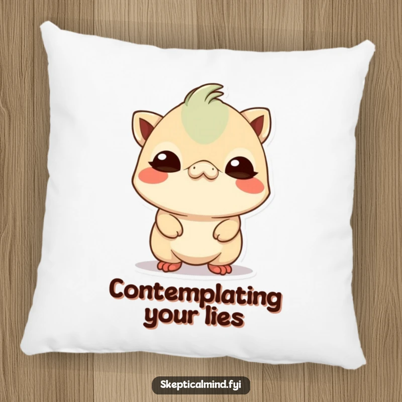 Funny small Kawaii creature tilting its head with a comically skeptical expression, bringing a touch of doubt and comfort to a plush pillow.
