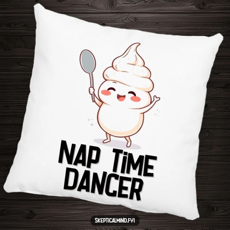 Funny decorative pillow with a giggling sour cream character doing a silly spoon dance, offering both comfort and comedic visual appeal.