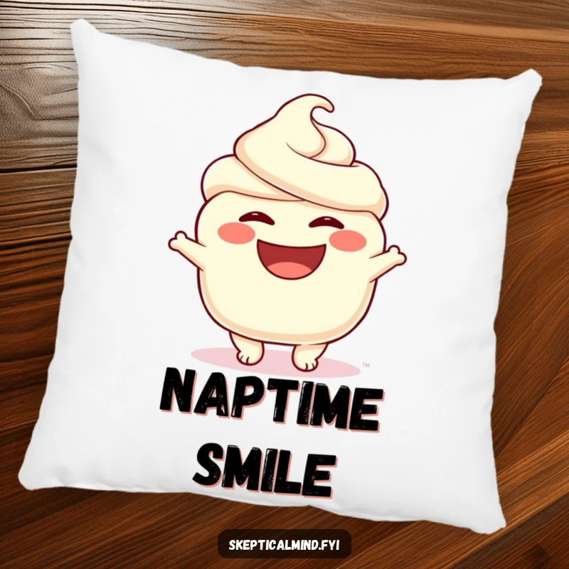 Funny decorative pillow showing a very happy sour cream character with a wide, beaming smile, offering comfort and a dose of humor.