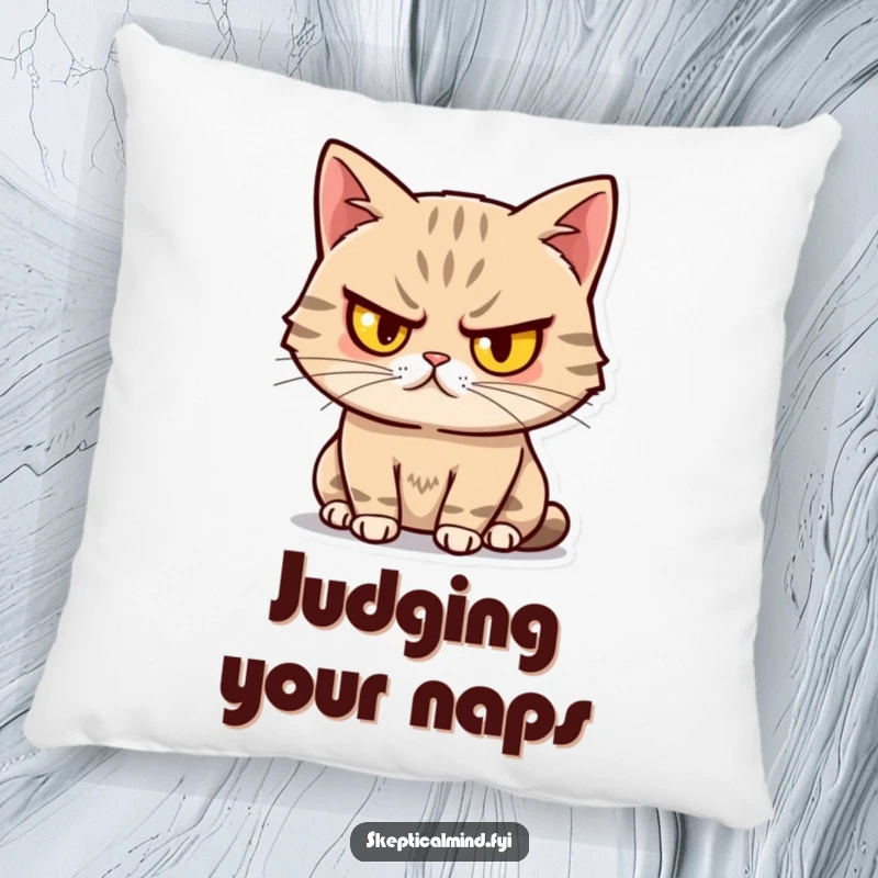 Funny Sassy Cat Pillow with a cat with one eyebrow raised, looking unimpressed yet amused, offering charming and humorous comfort.
