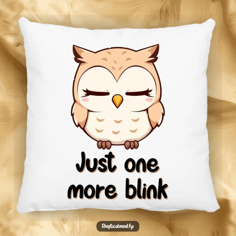 Funny Pillow showcasing a sleepy owl character blinking slowly and tilting its head quizzically, offering comfort and whimsical decor.