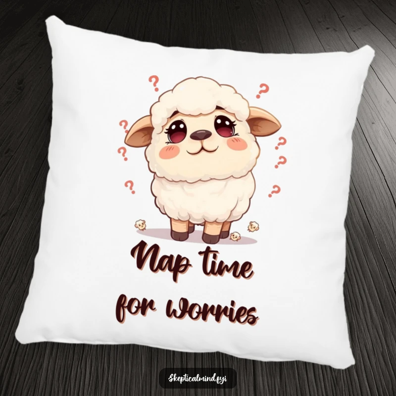 Funny sheep pillow with a fluffy sheep having a furrowed brow surrounded by tiny doubts, offering comfort and gentle humor.