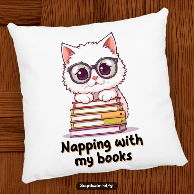 Funny Pillow: A fluffy cat with oversized spectacles peeks over a pile of books, offering plush comfort and intellectual humor.
