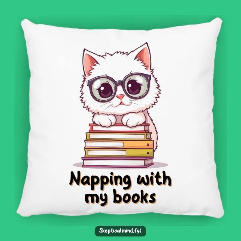 Funny Cat Pillow: Soft cushion with bookish cat and glasses, a cozy gift.