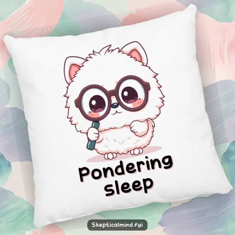 Funny pillow featuring a fluffy Kawaii animal with big glasses, using a magnifying glass with a curious look. Soft and amusing.