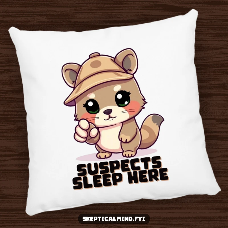 Funny Kawaii animal in a deerstalker hat, pointing an accusatory paw, bringing a touch of cute mystery to a soft, decorative pillow.